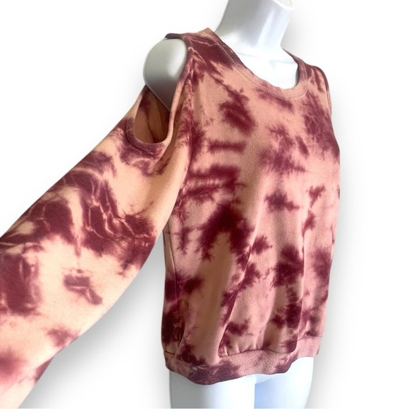 Sky & Sparrow Cold Shoulder Tie-Dye Sweatshirt Maroon Pink Pullover 50% Cotton - Picture 5 of 9